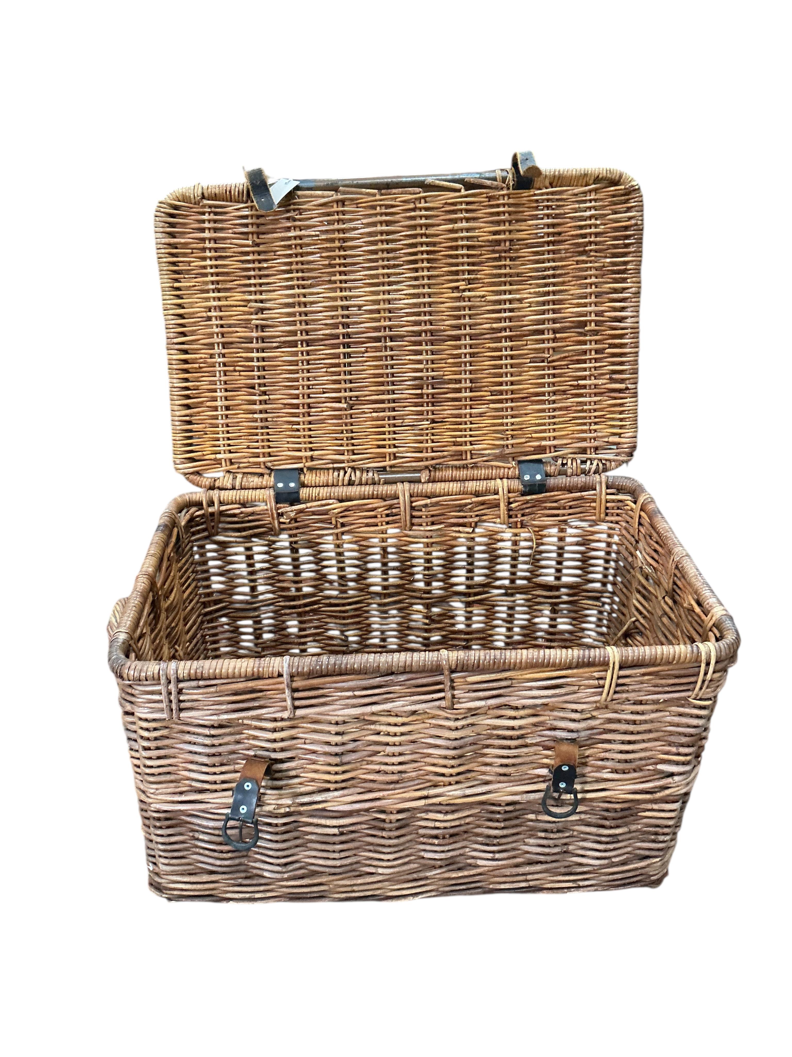 Two vintage wicker laundry baskets, larger width 84cm, depth 48cm, height 46cm
